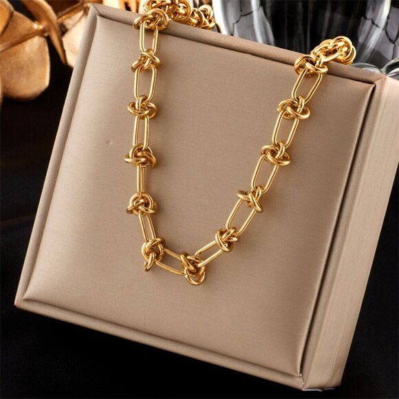 18K Gold Plated Titanium Steel Knotted Chain Necklace - Picture 1 of 9